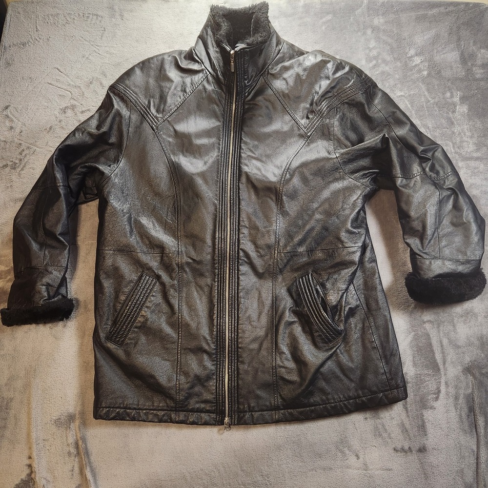 Wilson Jacket Womens XL Black Leather Penny Lane Bomber Car Coat Shearling Y2K